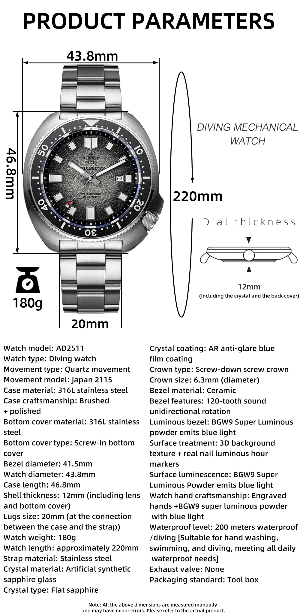 ADDIESDIVE Quartz Watches For Men New AD2511 Sapphire Glass AR Coated 41mm Turtle Watch BGW9 Luminous Waterproof 200M Dive Watch