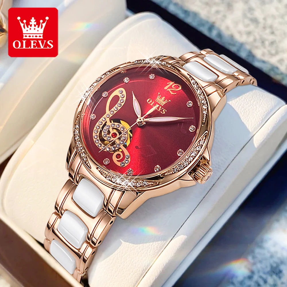OLEVS 6656 Ladies Watches Top Brand Luxury Elegant Original Automatic Mechanical Watch Waterproof Ceramics Strap Watch Set Box
