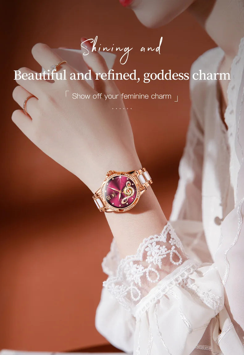 OLEVS 6656 Ladies Watches Top Brand Luxury Elegant Original Automatic Mechanical Watch Waterproof Ceramics Strap Watch Set Box