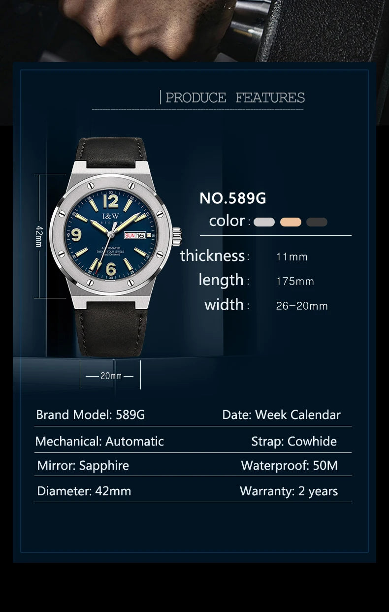 IW Silver Blue Men's Watches 5Bar Waterproof Luminous Fashion Automatic Watch Men Mechanical Wrist Watch Japan Movement