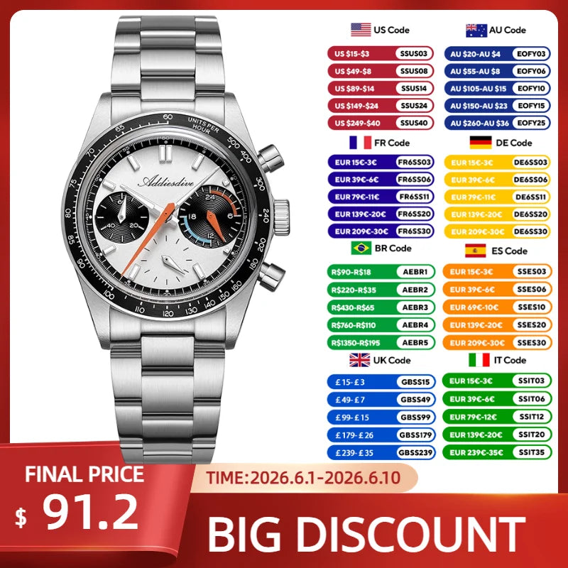 ADDIESDIVE New Men Watch VK63 Chronograph Quartz Watches 37mm Color Blocking Dail Stainless Waterproof Luminous Luxury Watches