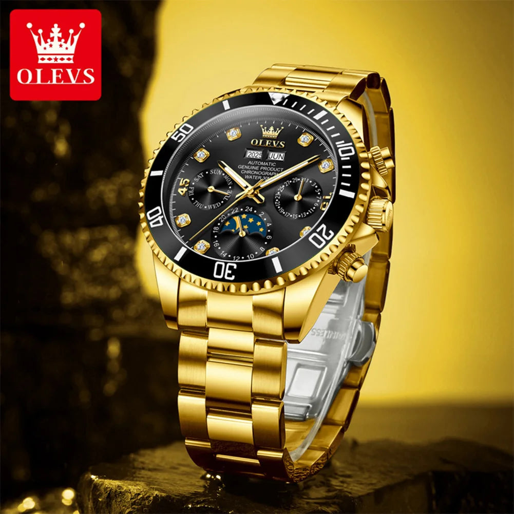 OLEVS 6729 Mens Watch High QualityGold Multifunctional Automatic Mechanical Watch Moon Phase Sports Watches Original Luxury