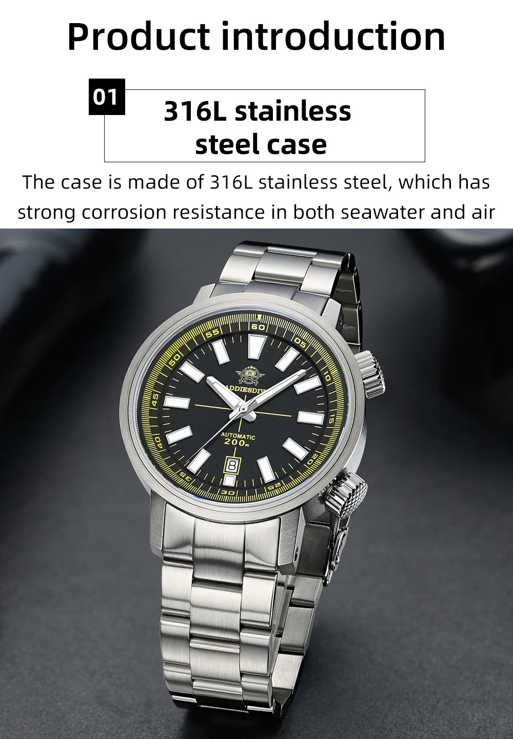 ADDIESDIVE Automatic Mechanical Watch 200m Waterproof BGW9 Super Luminous Sapphire Grass  8215 316L Stainless Steel Men Watches