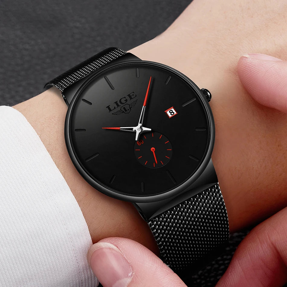 LIGE Fashion Mens Watches Top Brand Luxury Quartz Watch Men Casual Slim Mesh Steel Waterproof Sport Watch Relogio Masculino