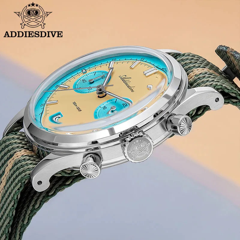 ADDIESDIVE New AD2095 Watch Chronograph Bubble Mirror Glass Quartz Watches Luminous Waterproof Retro Nylon Luxury Men's Watch