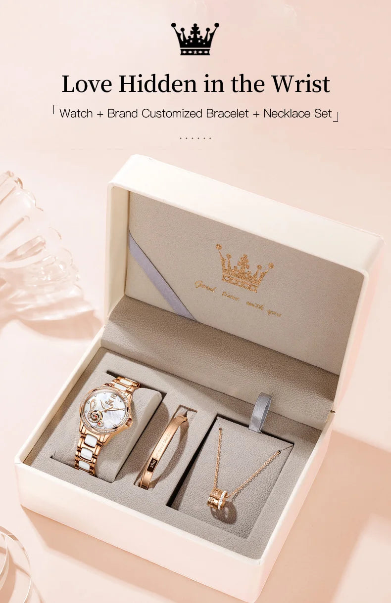 OLEVS 6656 Ladies Watches Top Brand Luxury Elegant Original Automatic Mechanical Watch Waterproof Ceramics Strap Watch Set Box
