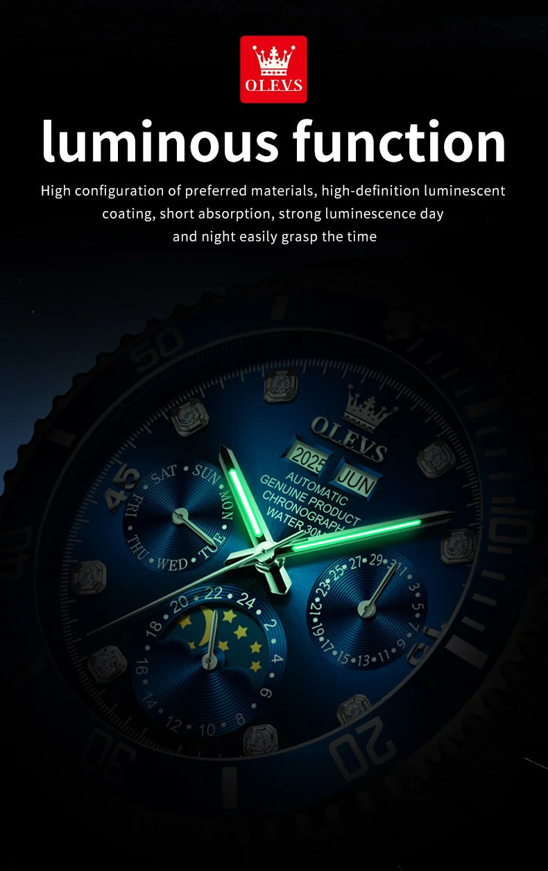 OLEVS 6729 Mens Watch High QualityGold Multifunctional Automatic Mechanical Watch Moon Phase Sports Watches Original Luxury