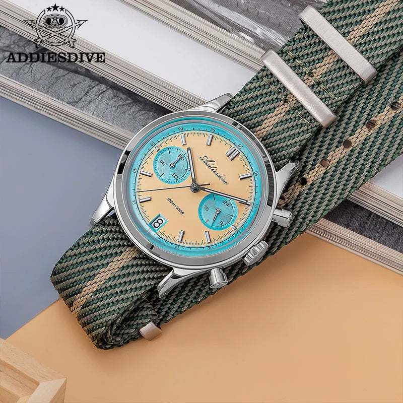 ADDIESDIVE New AD2095 Watch Chronograph Bubble Mirror Glass Quartz Watches Luminous Waterproof Retro Nylon Luxury Men's Watch
