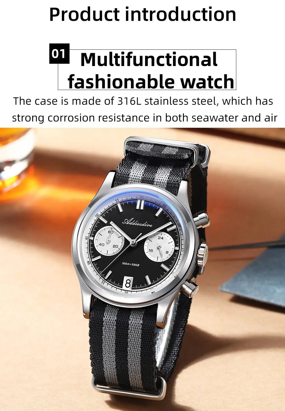 ADDIESDIVE New AD2095 Watch Chronograph Bubble Mirror Glass Quartz Watches Luminous Waterproof Retro Nylon Luxury Men's Watch