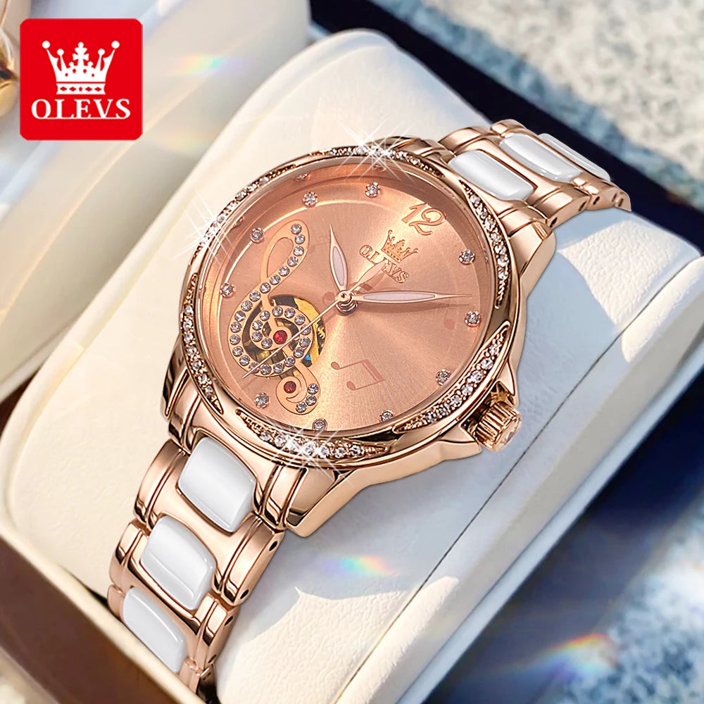 OLEVS 6656 Ladies Watches Top Brand Luxury Elegant Original Automatic Mechanical Watch Waterproof Ceramics Strap Watch Set Box