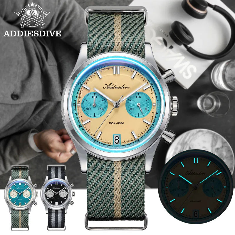 ADDIESDIVE New AD2095 Watch Chronograph Bubble Mirror Glass Quartz Watches Luminous Waterproof Retro Nylon Luxury Men's Watch