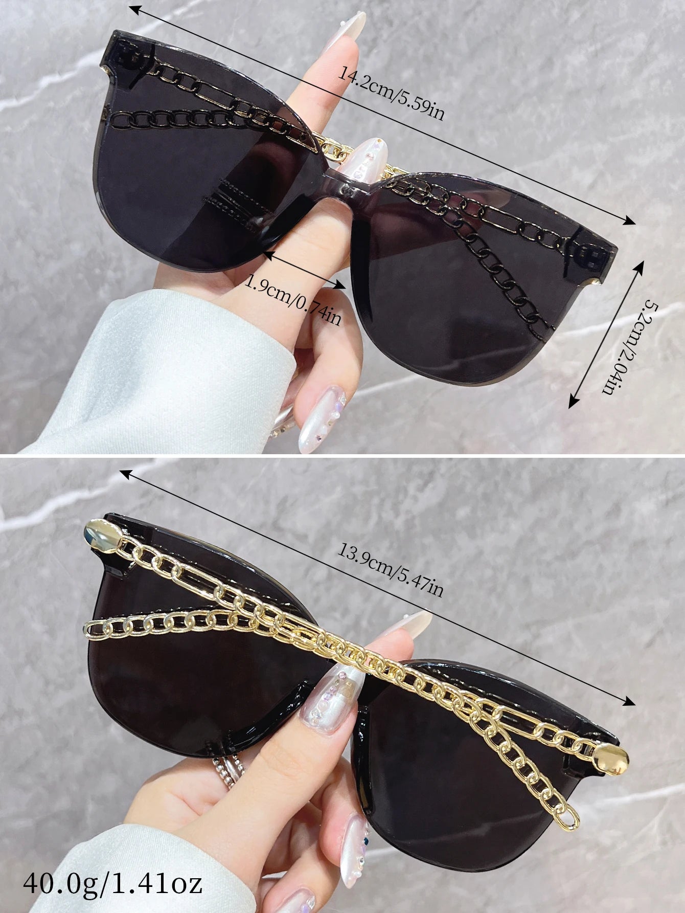 A stylish, frameless, oversized, square-shaped fashion sunglasses with unique chain-style armbands. Perfect for wearing at beach