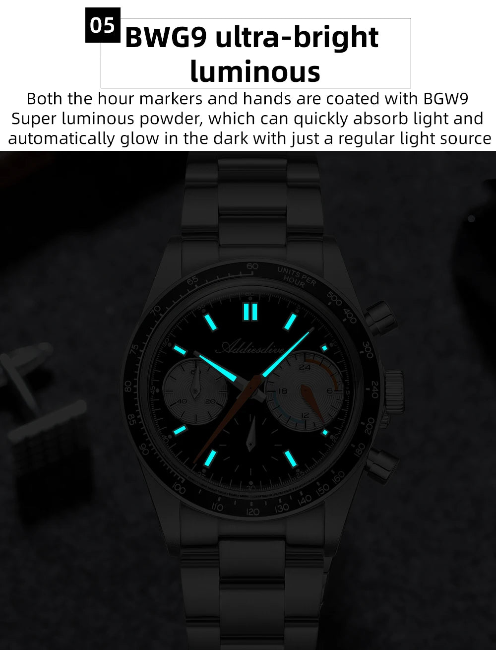 ADDIESDIVE New Men Watch VK63 Chronograph Quartz Watches 37mm Color Blocking Dail Stainless Waterproof Luminous Luxury Watches