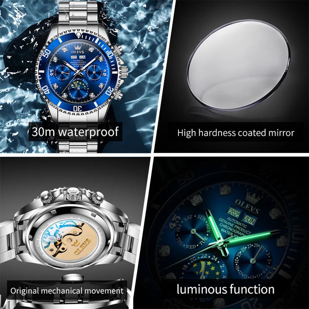 OLEVS 6729 Mens Watch High QualityGold Multifunctional Automatic Mechanical Watch Moon Phase Sports Watches Original Luxury