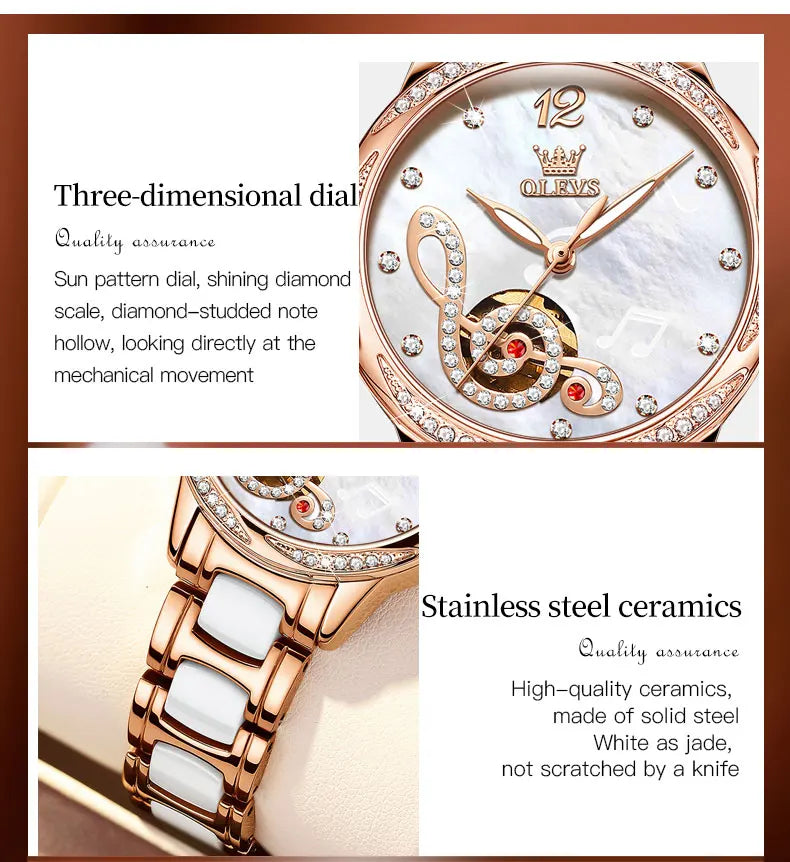 OLEVS 6656 Ladies Watches Top Brand Luxury Elegant Original Automatic Mechanical Watch Waterproof Ceramics Strap Watch Set Box