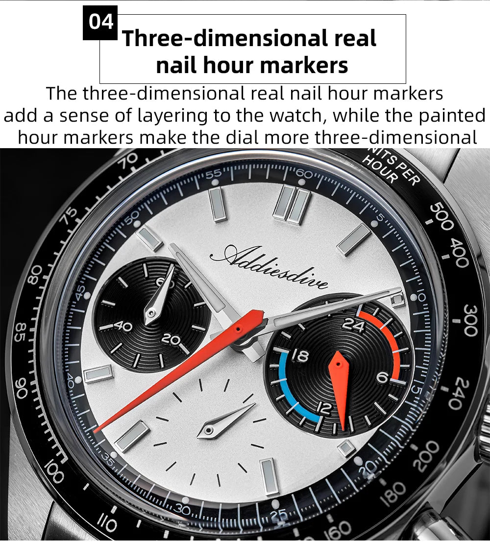 ADDIESDIVE New Men Watch VK63 Chronograph Quartz Watches 37mm Color Blocking Dail Stainless Waterproof Luminous Luxury Watches